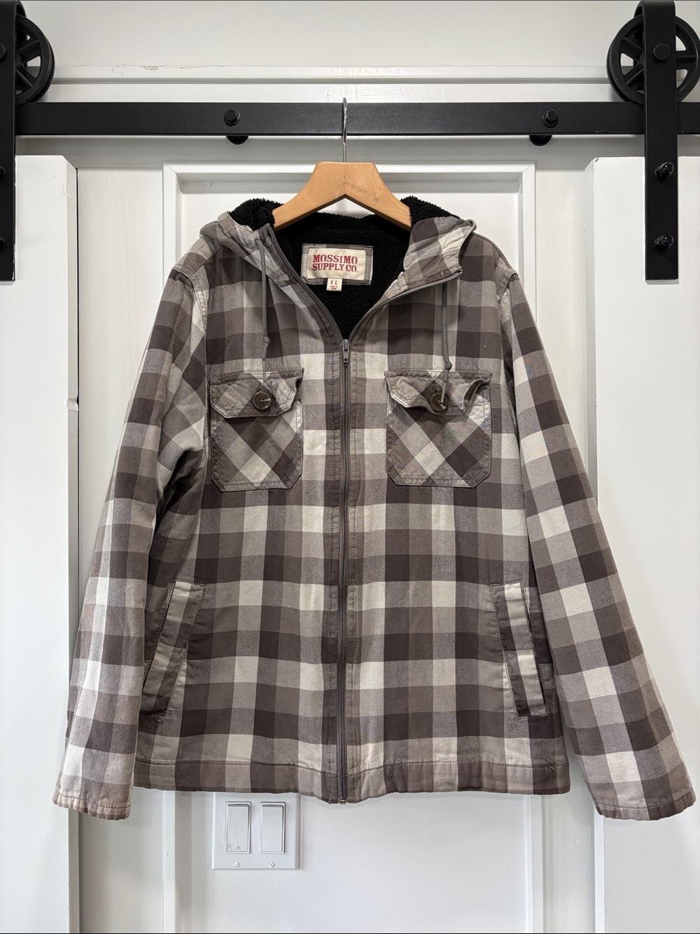 Mossimo Supply Co. Grey Cotton Plaid Hooded Zip Jacket Black Sherpa Lining Sz L